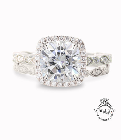 Set di 2: Anello di fidanzamento con cuscino Halo e fascia Art Deco in oro rosa 14k, set da sposa con cuscino in moissanite, set da sposa in moissanite di WanLoveDeisgns
