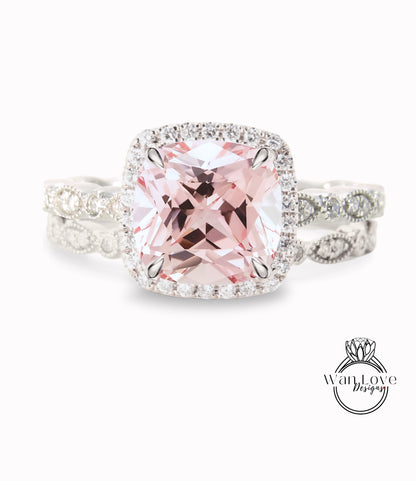 Anello di fidanzamento con zaffiro rosa chiaro in oro rosa Donna unica con aureola di diamanti antichi Matrimonio vintage Milgrain Regalo di anniversario nuziale per lei