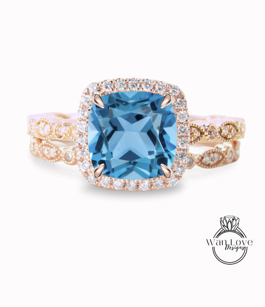 Aquamarine Spinel & Diamond Cushion Halo Engagement Ring Milgrain Round Leaf Wedding Band Set, Custom-14k White-Yellow-Rose Gold