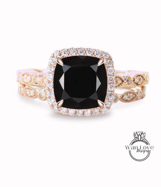 Black Spinel & Diamond Cushion Halo Engagement Ring Milgrain Round Leaf Wedding Band Set, Custom-14k 18 White-Yellow-Rose Gold