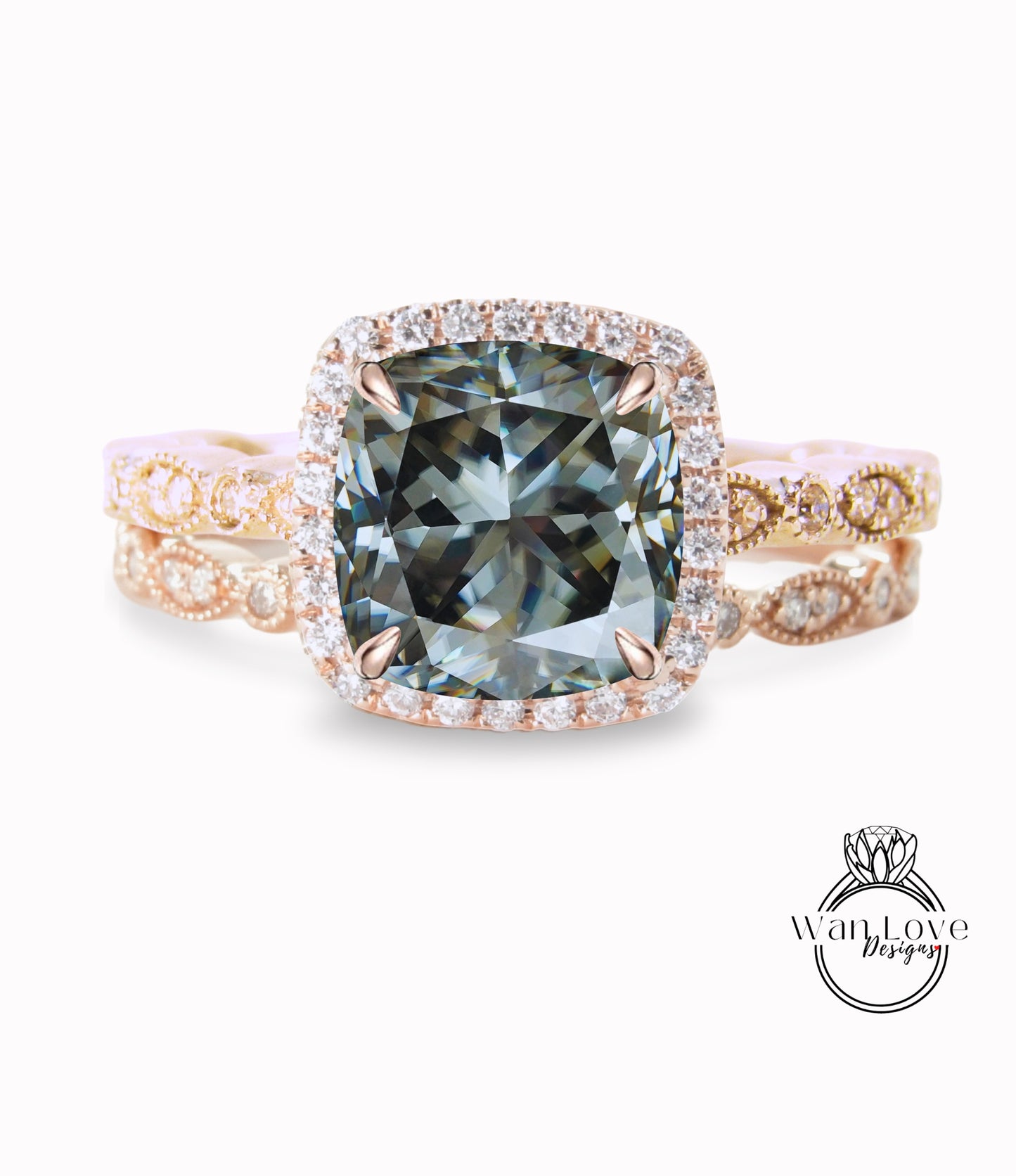 Set da sposa in oro massiccio 14K/Set da sposa con diamanti Moissanite grigio rotondo/Anello anniversario Moissanite/Anello Halo/Anello promessa/Anello in oro rosa