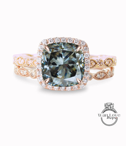 Set da sposa in oro massiccio 14K/Set da sposa con diamanti Moissanite grigio rotondo/Anello anniversario Moissanite/Anello Halo/Anello promessa/Anello in oro rosa