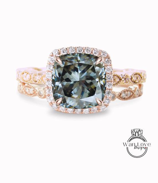 Set da sposa in oro massiccio 14K/Set da sposa con diamanti Moissanite grigio rotondo/Anello anniversario Moissanite/Anello Halo/Anello promessa/Anello in oro rosa