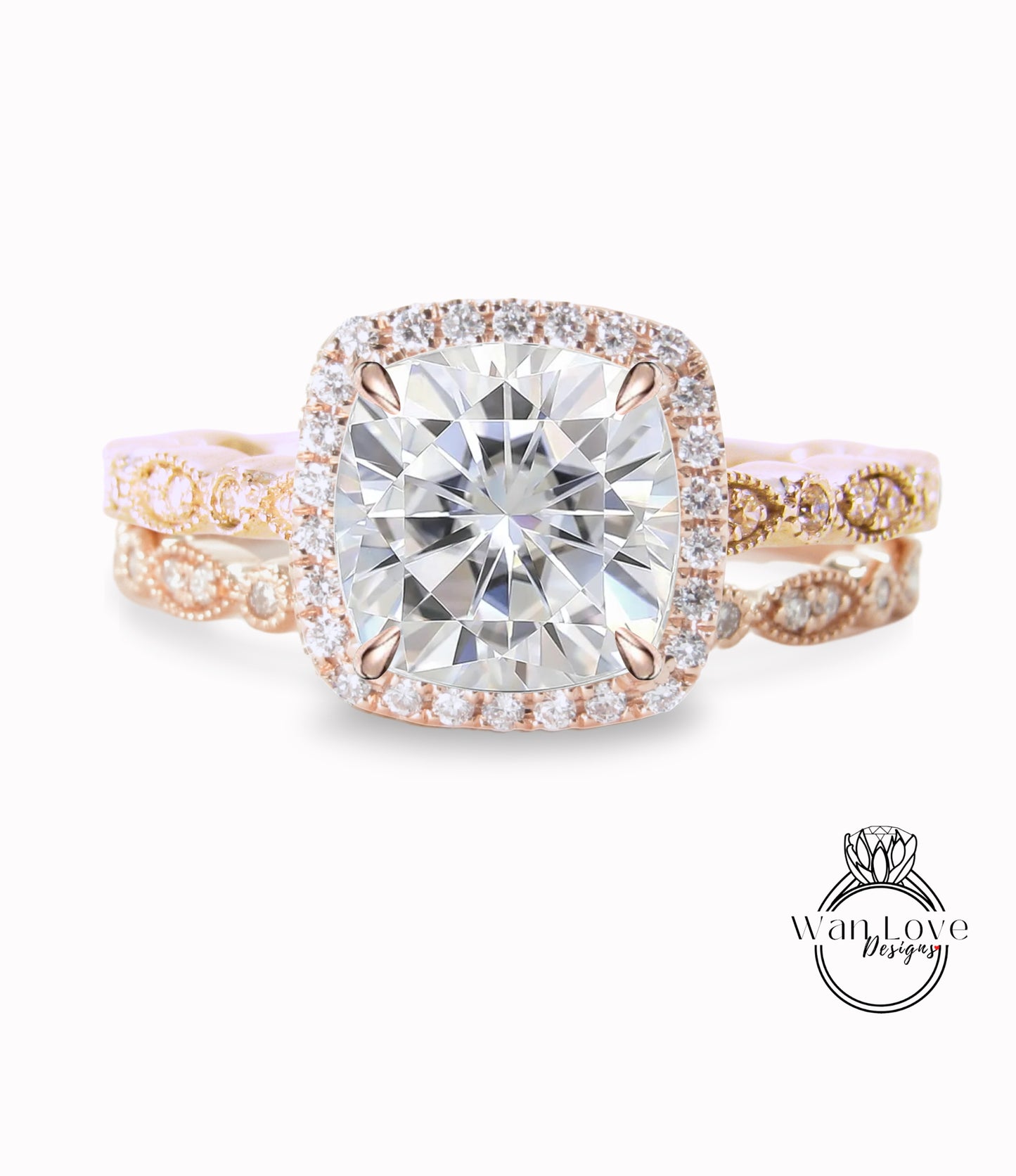 Set di 2: Anello di fidanzamento con cuscino Halo e fascia Art Deco in oro rosa 14k, set da sposa con cuscino in moissanite, set da sposa in moissanite di WanLoveDeisgns