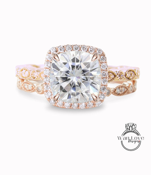 Set di 2: Anello di fidanzamento con cuscino Halo e fascia Art Deco in oro rosa 14k, set da sposa con cuscino in moissanite, set da sposa in moissanite di WanLoveDeisgns