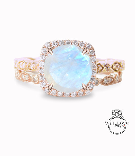 Moonstone & Diamond Cushion Halo Engagement Ring Milgrain Round Leaf Wedding Band Set, Custom-14k 18k White-Yellow-Rose Gold