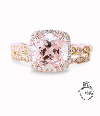 Anello di fidanzamento con zaffiro rosa chiaro in oro rosa Donna unica con aureola di diamanti antichi Matrimonio vintage Milgrain Regalo di anniversario nuziale per lei