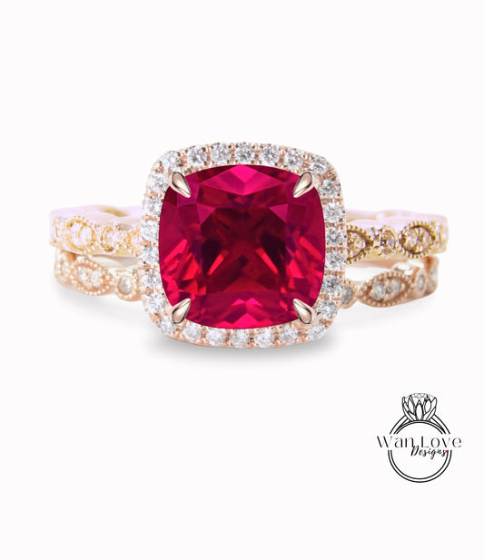 Ruby Diamond engagement ring set white gold Unique woman Antique Diamond halo Wedding vintage Milgrain Bridal Anniversary gift for her