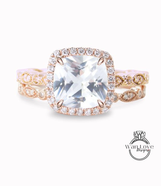 White Sapphire Diamond Cushion Halo Engagement Ring Milgrain Round Leaf Wedding Band Set, Custom-14k White-Yellow-Rose Gold-Platinum