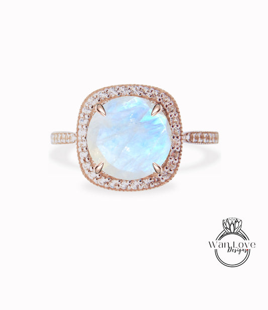 Cuscino Halo Moonstone Anello di fidanzamento, Anello nuziale con diamante/Moissanite Halo, Anello personalizzato Half Eternity Diamond Milgrain, Anello in oro 14k/18k