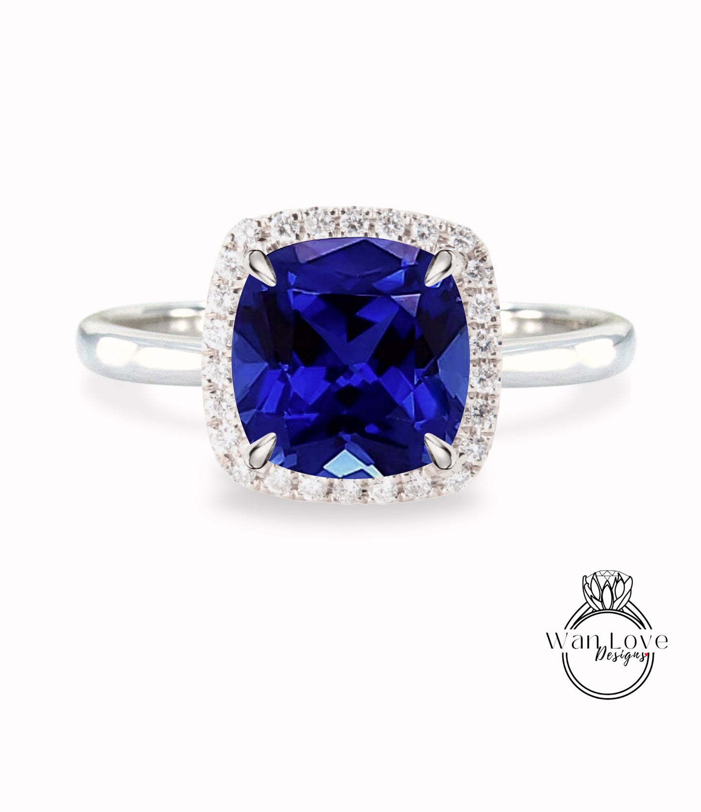 Blue Sapphire & Diamond Cushion Halo engagement ring rose gold tapered plain thin dainty band art deco anniversary gift