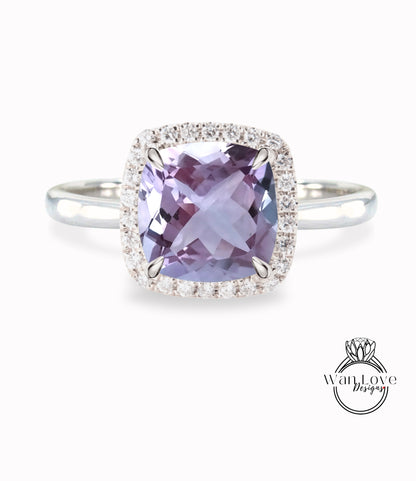 Anello di fidanzamento con ametista lavanda e diamante Halo, cuscino, rotondo, leggero, personalizzato, matrimonio, regalo di anniversario, impegno