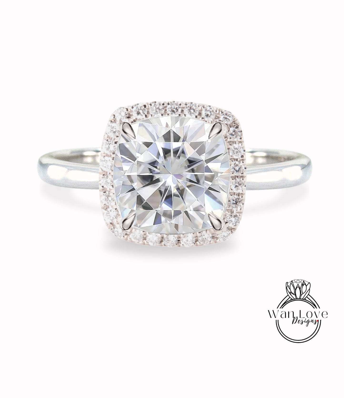 Moissanite & Diamond Cushion Halo engagement ring rose gold tapered plain thin dainty band art deco anniversary gift