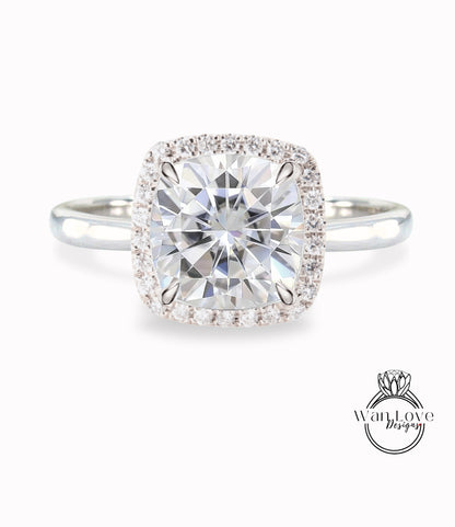 Moissanite & Diamond Cushion Halo engagement ring rose gold tapered plain thin dainty band art deco anniversary gift