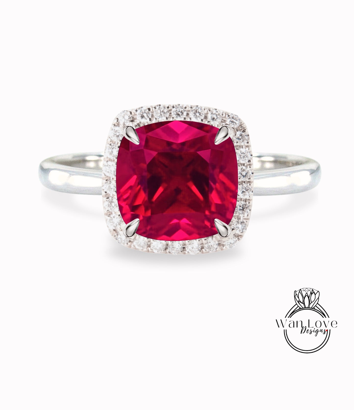 Ruby & Diamond Cushion Halo engagement ring rose gold tapered plain thin dainty band art deco anniversary gift