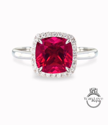 Ruby & Diamond Cushion Halo engagement ring rose gold tapered plain thin dainty band art deco anniversary gift