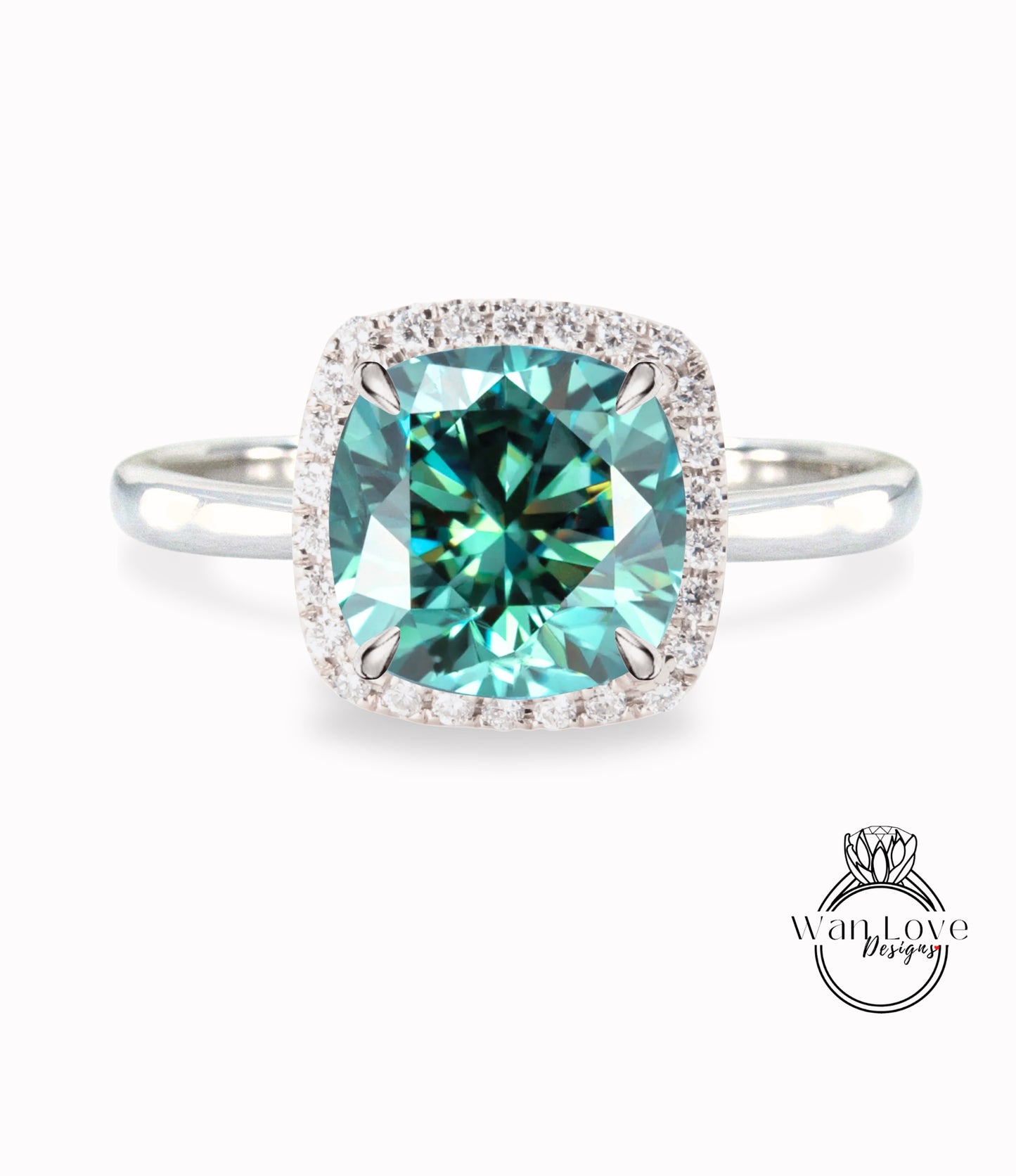Blue Green Teal Moissanite & Diamond Cushion Halo engagement ring rose gold tapered plain thin dainty band art deco anniversary gift