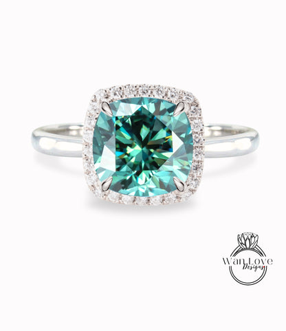 Blue Green Teal Moissanite & Diamond Cushion Halo engagement ring rose gold tapered plain thin dainty band art deco anniversary gift