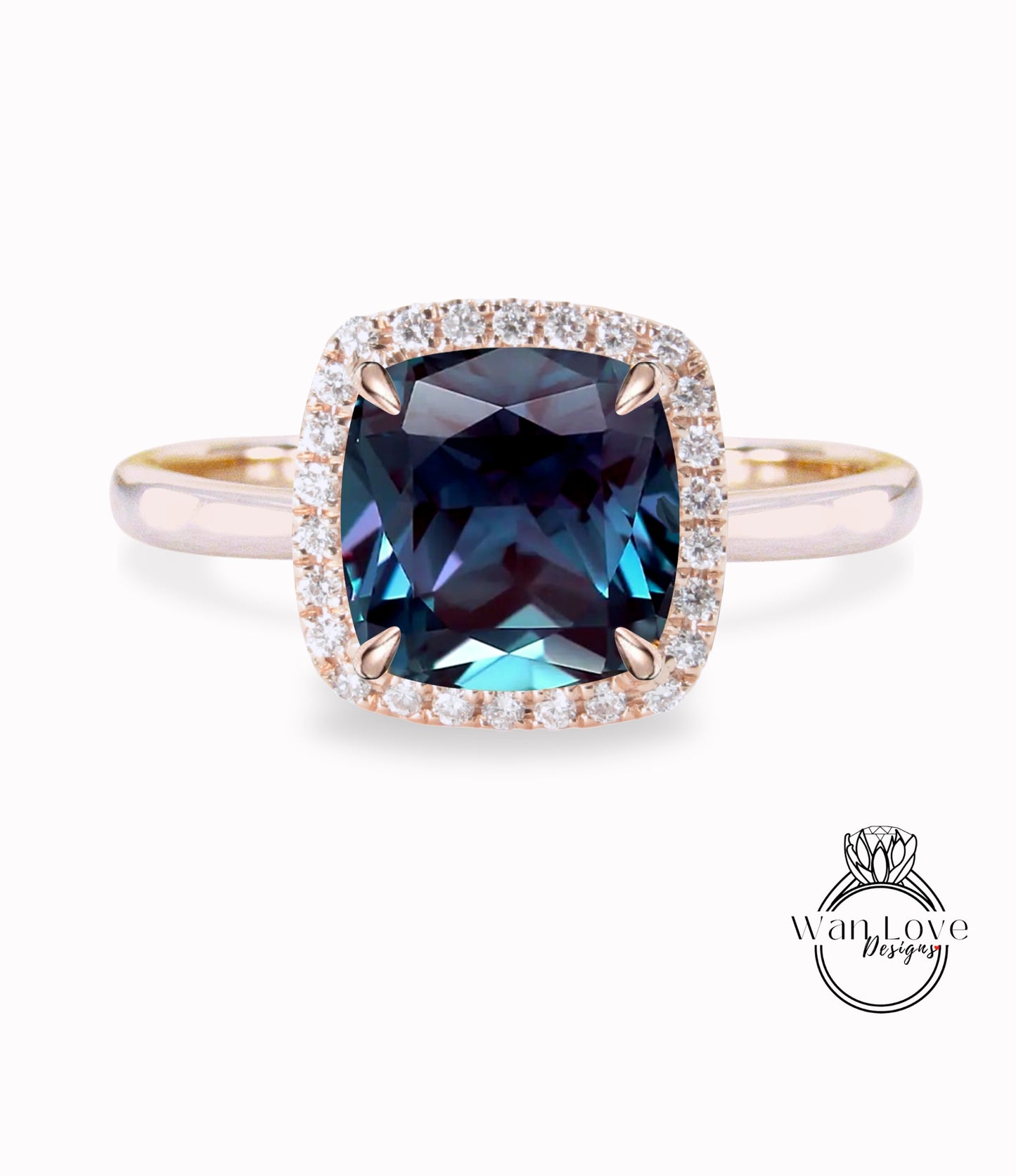 Alexandrite & Diamond Cushion Halo engagement ring rose gold tapered plain thin dainty band art deco anniversary gift