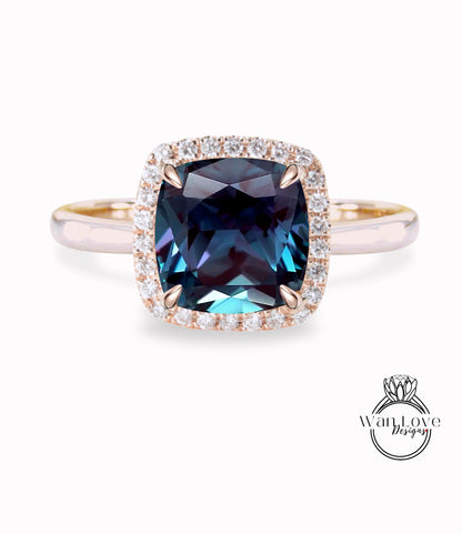 Alexandrite & Diamond Cushion Halo engagement ring rose gold tapered plain thin dainty band art deco anniversary gift