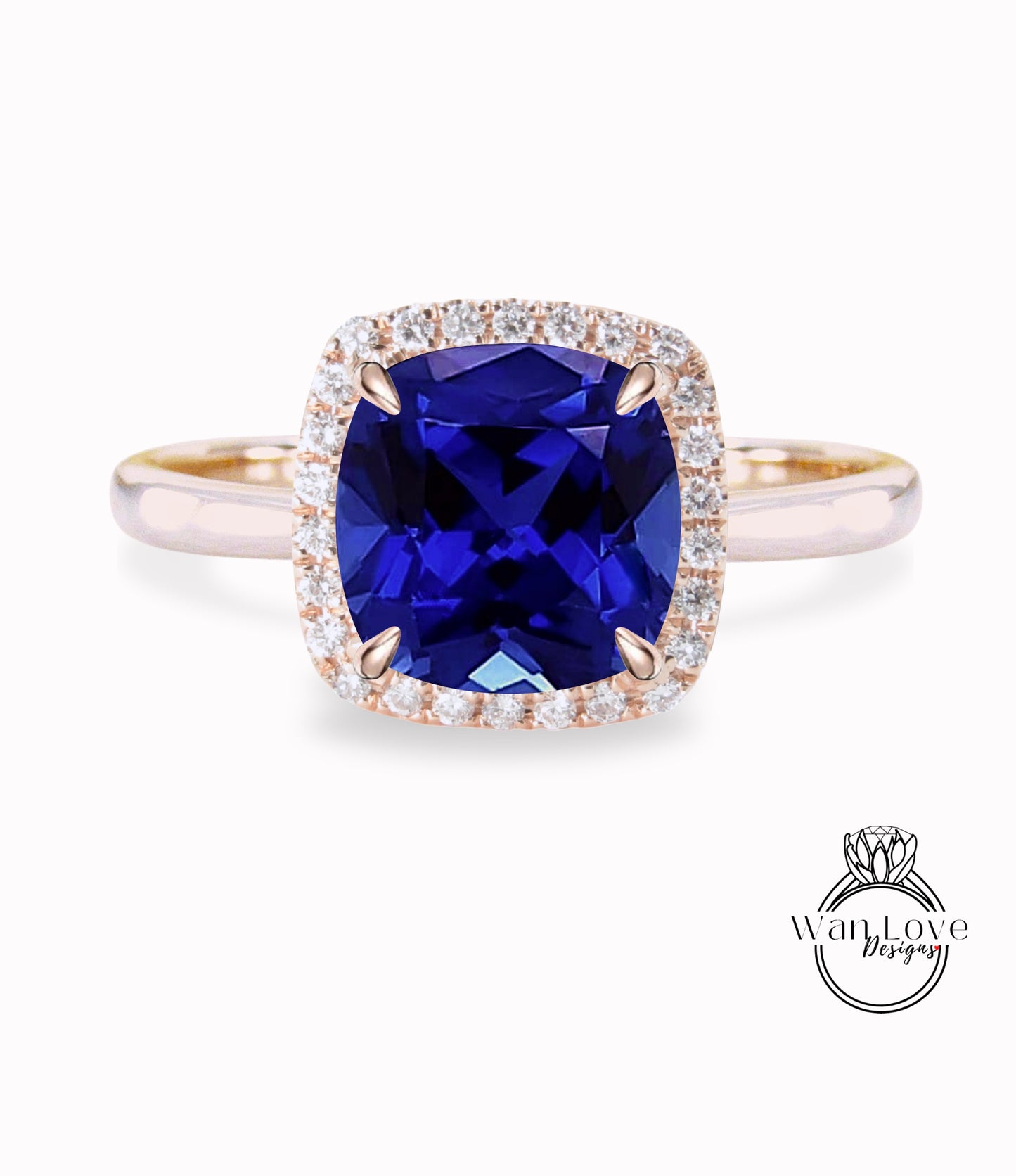 Blue Sapphire & Diamond Cushion Halo engagement ring rose gold tapered plain thin dainty band art deco anniversary gift