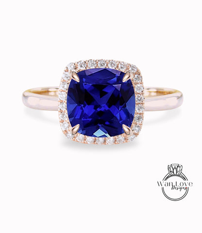 Blue Sapphire & Diamond Cushion Halo engagement ring rose gold tapered plain thin dainty band art deco anniversary gift