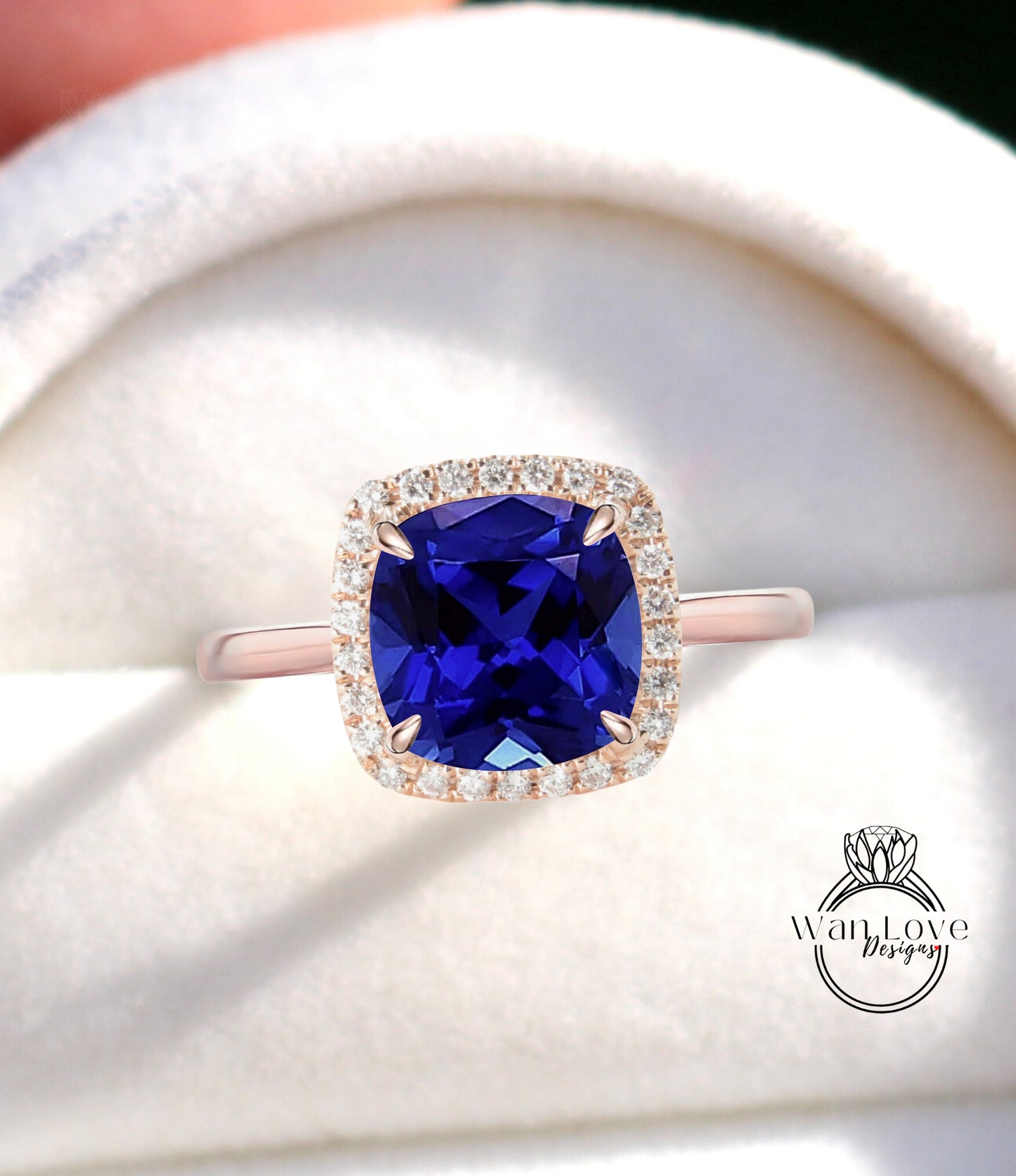 Blue Sapphire & Diamond Cushion Halo engagement ring rose gold tapered plain thin dainty band art deco anniversary gift