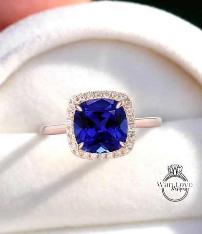 Blue Sapphire & Diamond Cushion Halo engagement ring rose gold tapered plain thin dainty band art deco anniversary gift