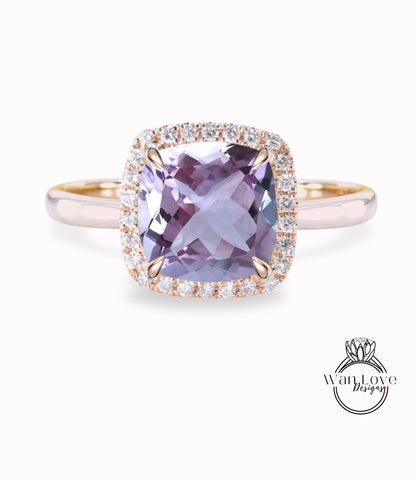 Anello di fidanzamento con ametista lavanda e diamante Halo, cuscino, rotondo, leggero, personalizzato, matrimonio, regalo di anniversario, impegno