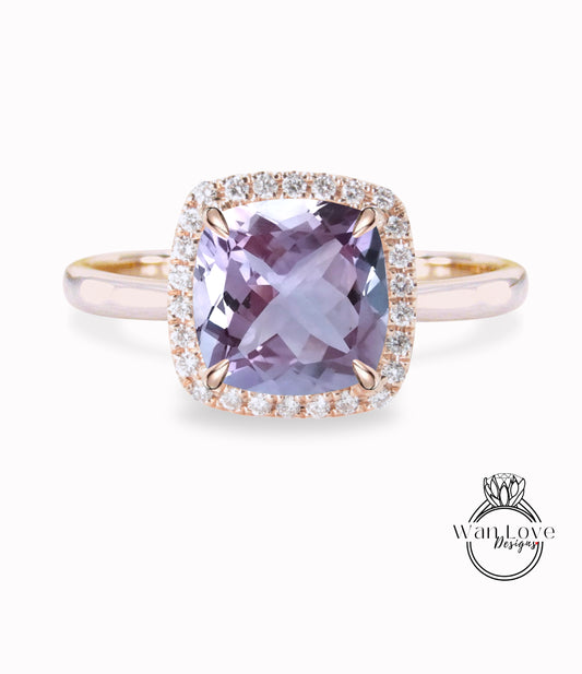 Anello di fidanzamento con ametista lavanda e diamante Halo, cuscino, rotondo, leggero, personalizzato, matrimonio, regalo di anniversario, impegno