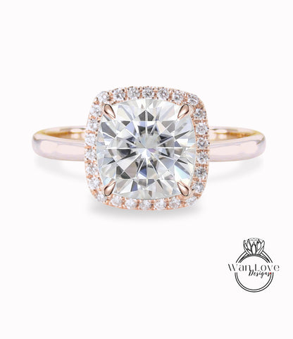 Moissanite & Diamond Cushion Halo engagement ring rose gold tapered plain thin dainty band art deco anniversary gift