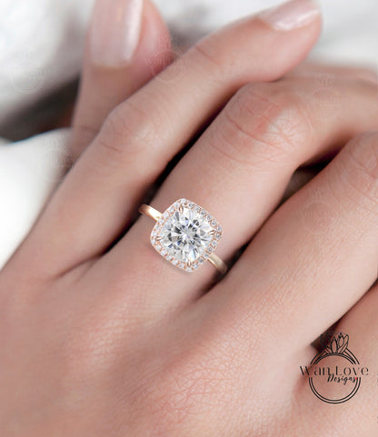 Moissanite & Diamond Cushion Halo engagement ring rose gold tapered plain thin dainty band art deco anniversary gift