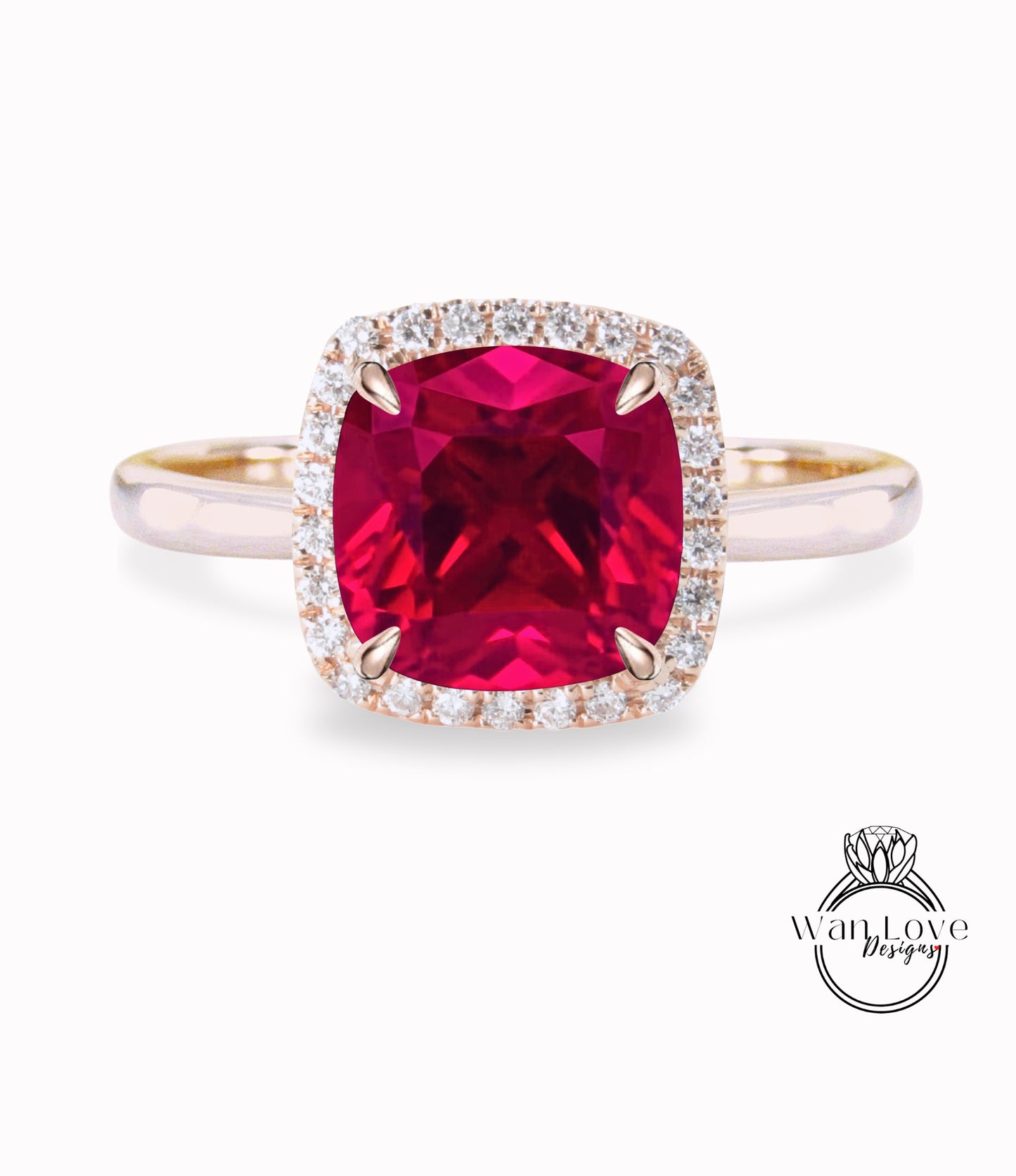 Ruby & Diamond Cushion Halo engagement ring rose gold tapered plain thin dainty band art deco anniversary gift