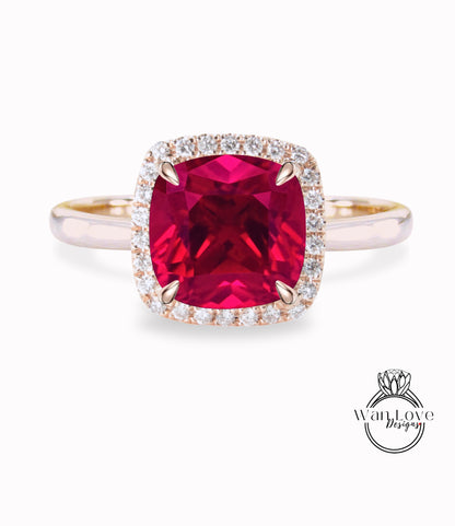 Ruby & Diamond Cushion Halo engagement ring rose gold tapered plain thin dainty band art deco anniversary gift
