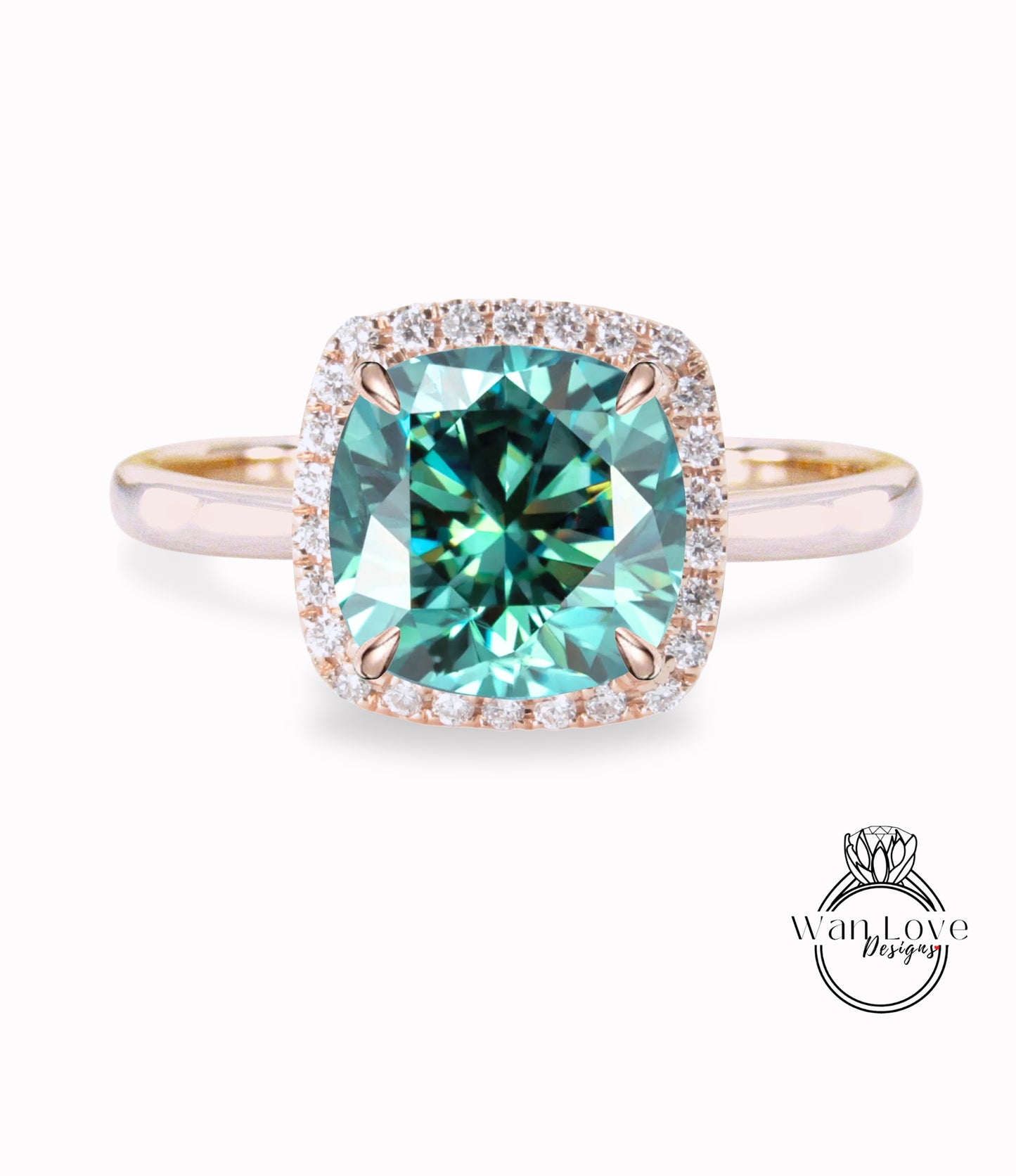 Blue Green Teal Moissanite & Diamond Cushion Halo engagement ring rose gold tapered plain thin dainty band art deco anniversary gift
