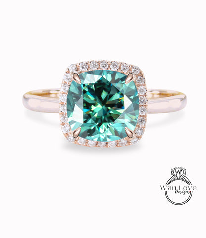 Blue Green Teal Moissanite & Diamond Cushion Halo engagement ring rose gold tapered plain thin dainty band art deco anniversary gift
