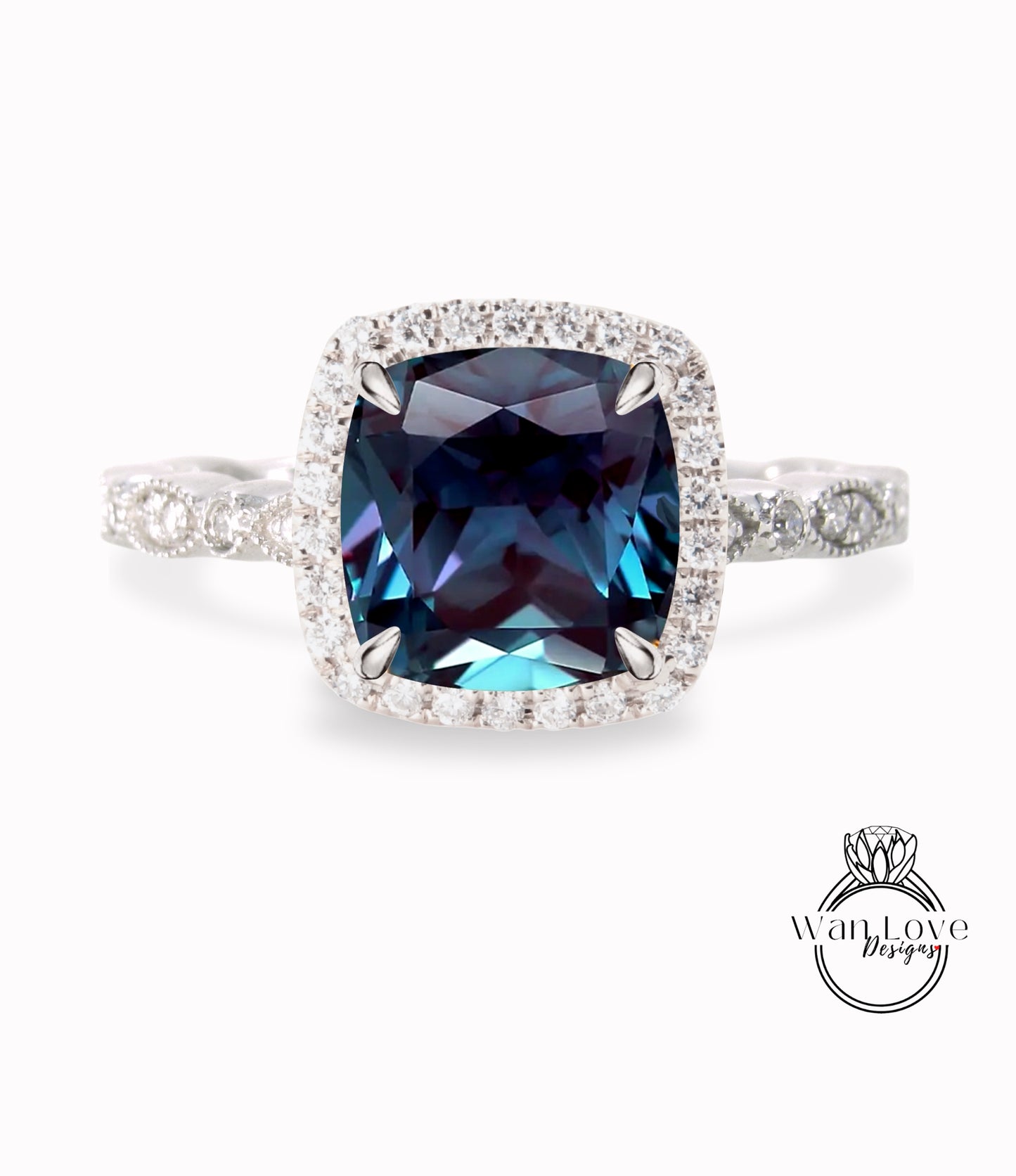 Alexandrite & Diamond Cushion Halo Engagement Ring, Antique style Milgrain Leaf Rose White Gold ring Custom, Bridal Wedding ring, Anniversary Gift