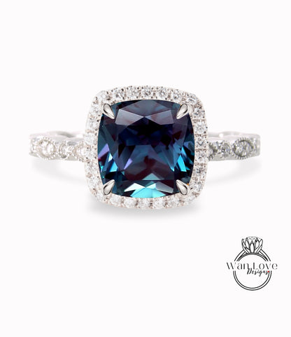 Alexandrite & Diamond Cushion Halo Engagement Ring, Antique style Milgrain Leaf Rose White Gold ring Custom, Bridal Wedding ring, Anniversary Gift