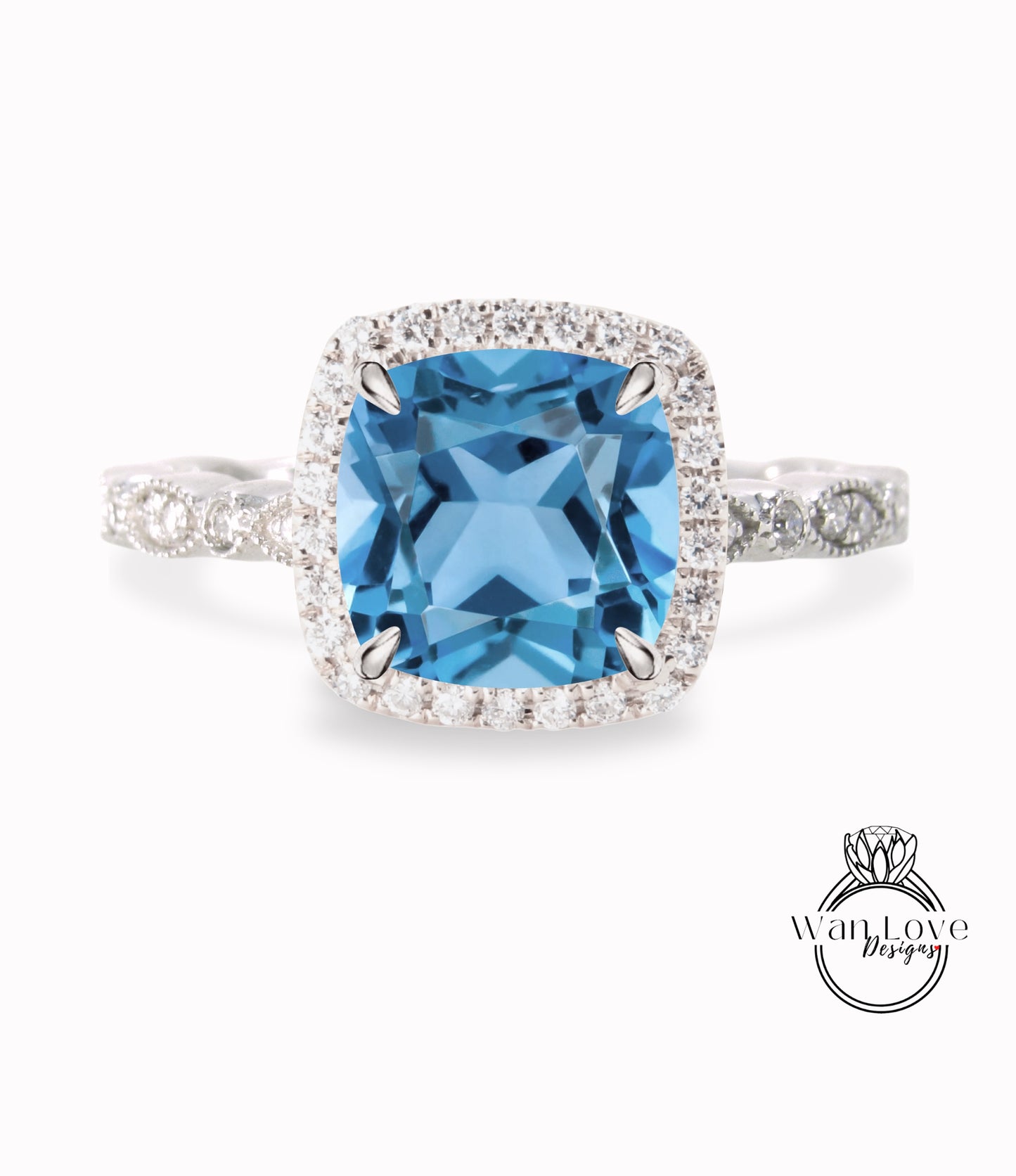 Aquamarine Blue Spinel & Diamond Cushion Halo Engagement Ring, Antique style Milgrain Leaf Rose White Gold ring Custom, Bridal Wedding ring, Anniversary Gift