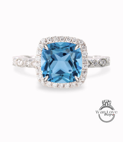 Aquamarine Blue Spinel & Diamond Cushion Halo Engagement Ring, Antique style Milgrain Leaf Rose White Gold ring Custom, Bridal Wedding ring, Anniversary Gift