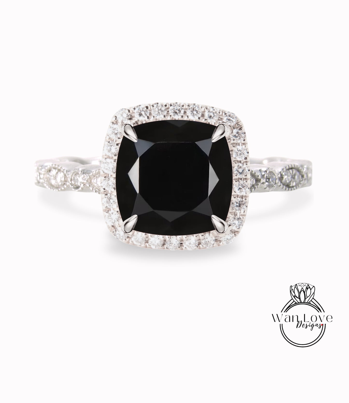 Black Spinel & Diamond Cushion Halo Engagement Ring, Antique style Milgrain Leaf Rose White Gold ring Custom, Bridal Wedding ring, Anniversary Gift