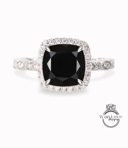 Black Spinel & Diamond Cushion Halo Engagement Ring, Antique style Milgrain Leaf Rose White Gold ring Custom, Bridal Wedding ring, Anniversary Gift