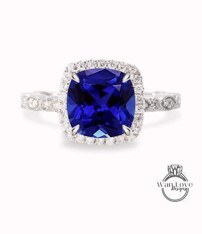 Blue Sapphire & Diamond Cushion Halo Engagement Ring, Antique style Milgrain Leaf Rose White Gold ring Custom, Bridal Wedding ring, Anniversary Gift