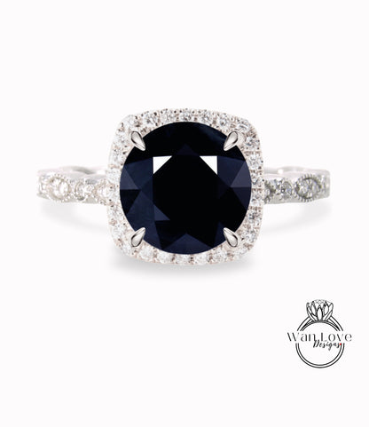 Anello di fidanzamento rotondo con zaffiro blu scuro naturale e diamanti, Halo, 1,5 ct, 7 mm, oro rosa giallo bianco 14 kt 18 kt, platino, matrimonio personalizzato