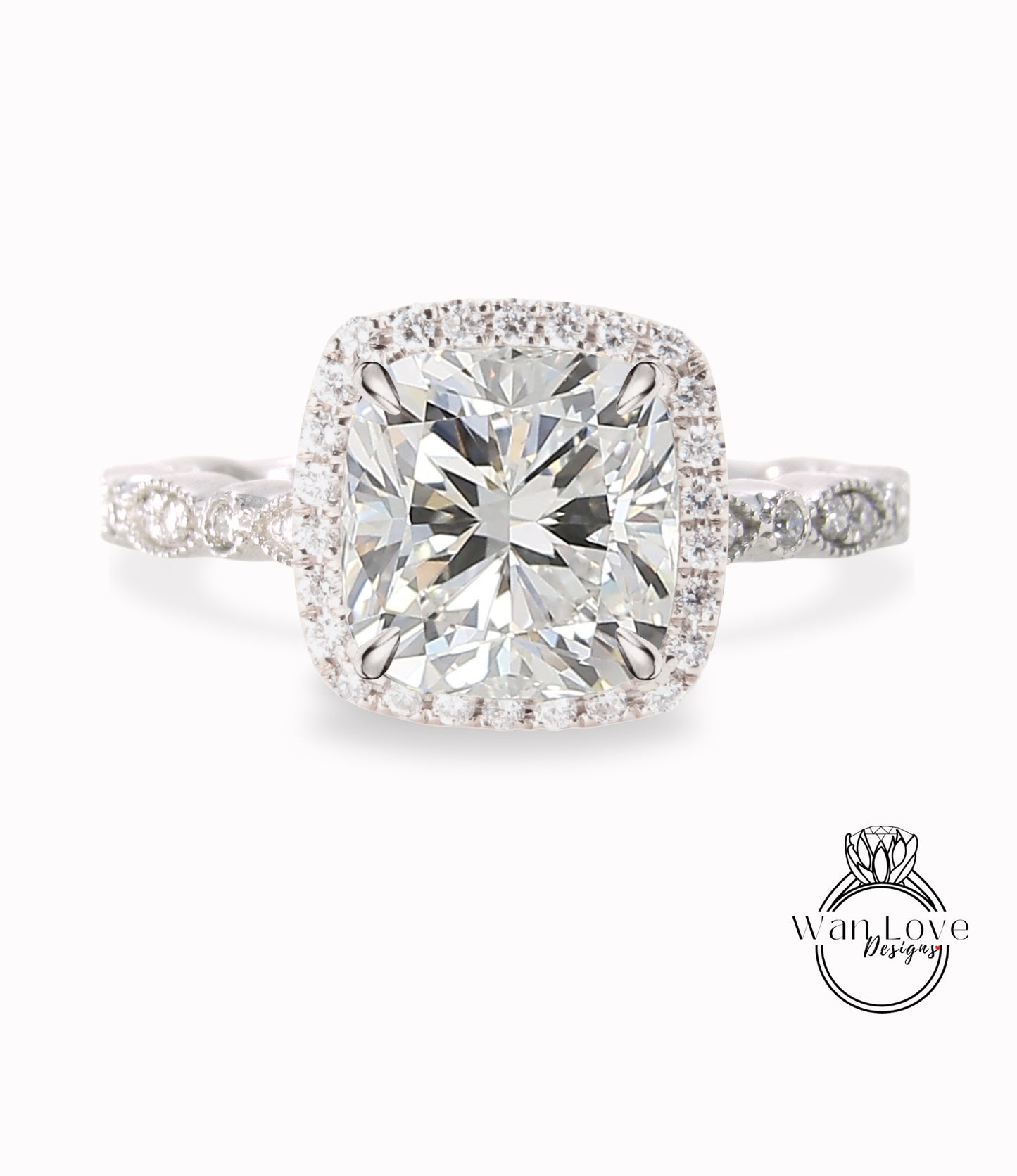 Vintage Diamond engagement ring Cushion diamond halo milgrain ring round diamond white gold diamond ring wedding ring Anniversary Gift