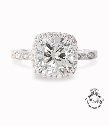 Vintage Diamond engagement ring Cushion diamond halo milgrain ring round diamond white gold diamond ring wedding ring Anniversary Gift