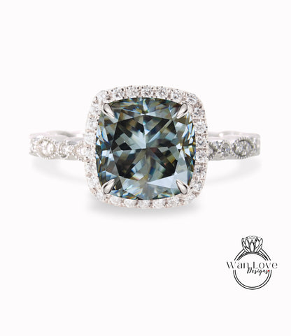 Anello di fidanzamento con Moissanite grigio, Anello Moissanite con diamante Halo cuscino, Anello con diamante di fidanzamento grigio, Banda smerlata con foglie Milgrain