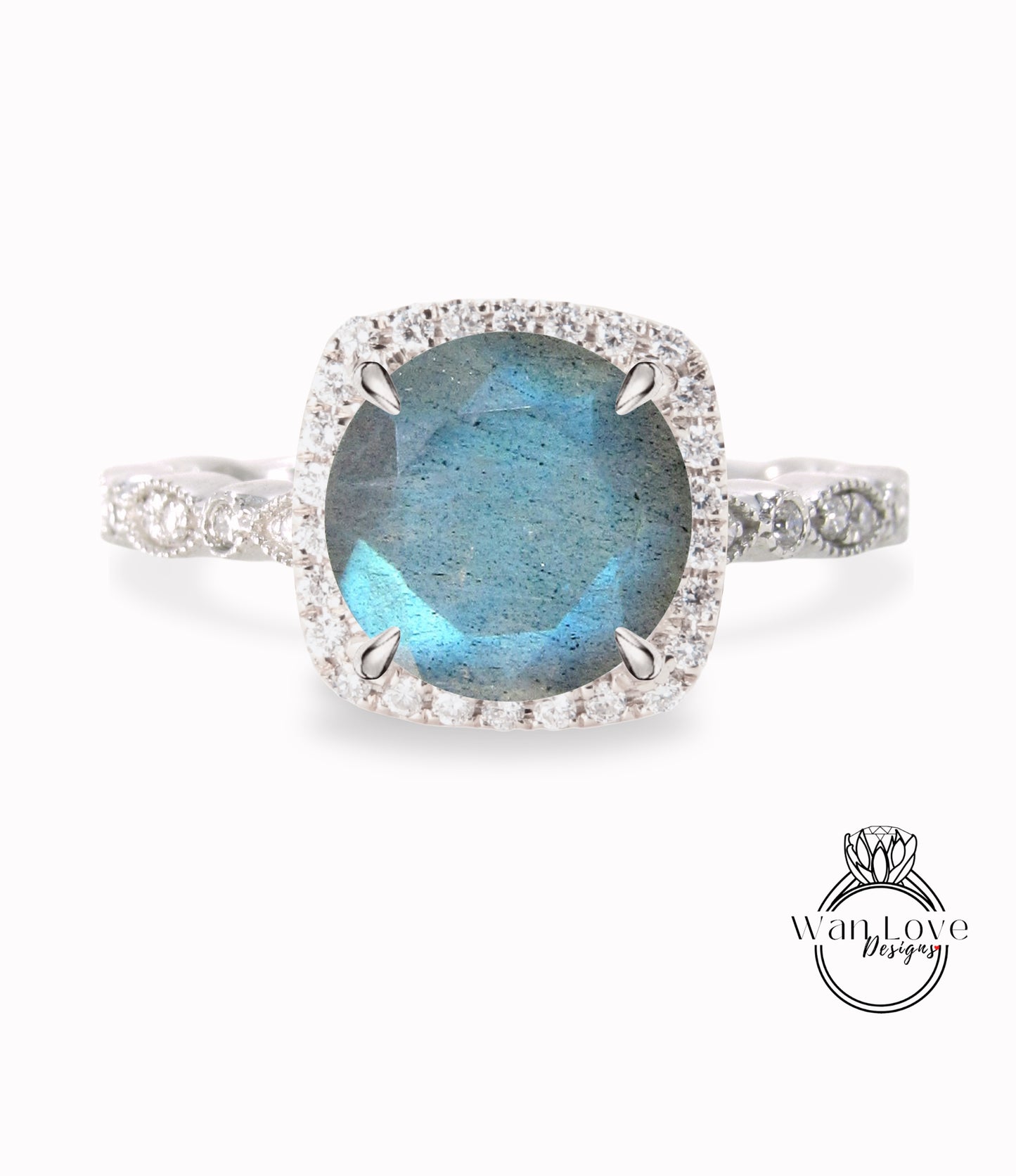 Labradorite & Diamond Cushion Halo Engagement Ring, Antique style Milgrain Leaf Rose White Gold ring Custom, Bridal Wedding ring, Anniversary Gift