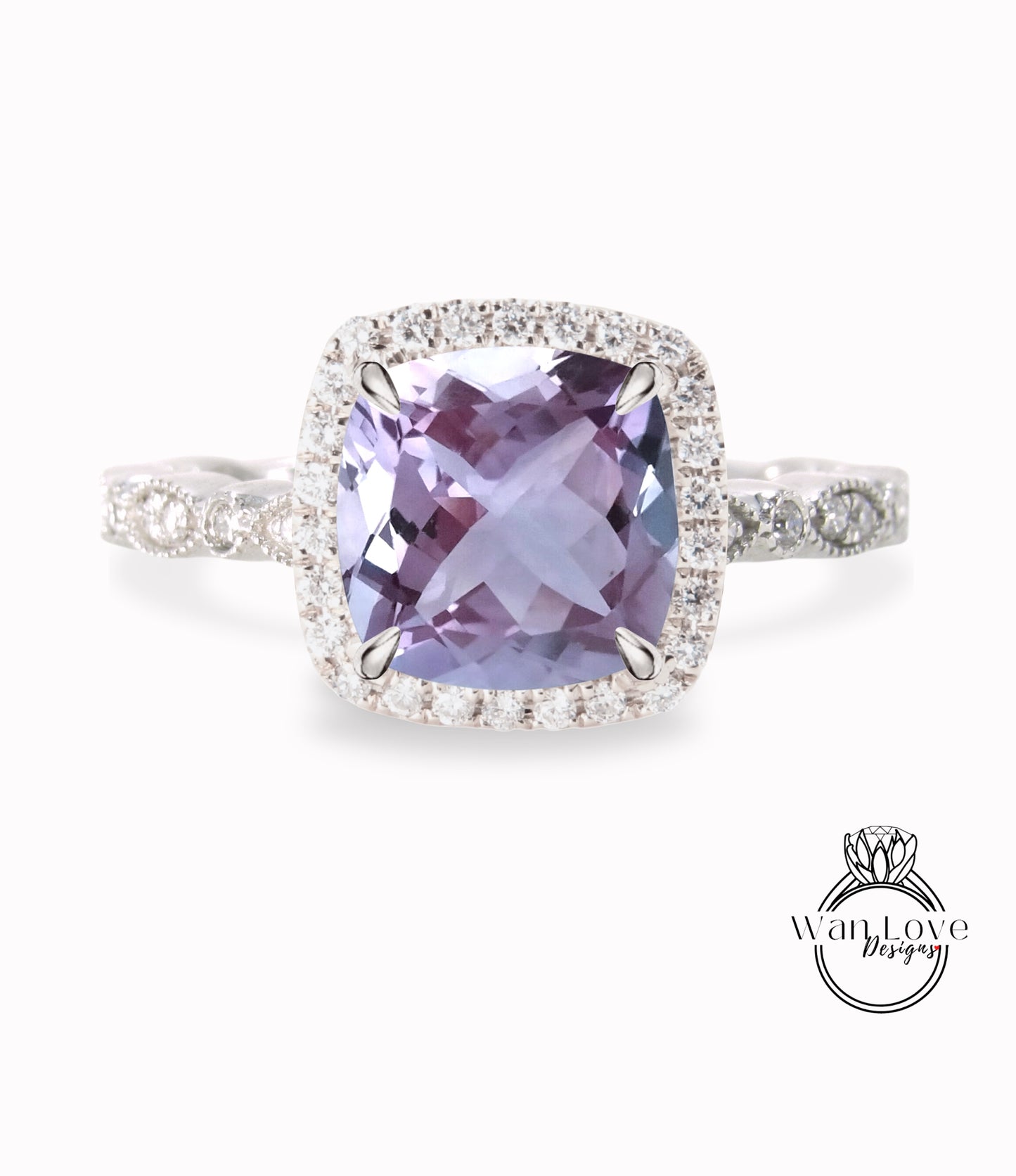 Anello di fidanzamento con ametista lavanda, anello con diamante Halo cuscino, anello con diamante di fidanzamento con ametista, fascia smerlata a foglia Milgrain