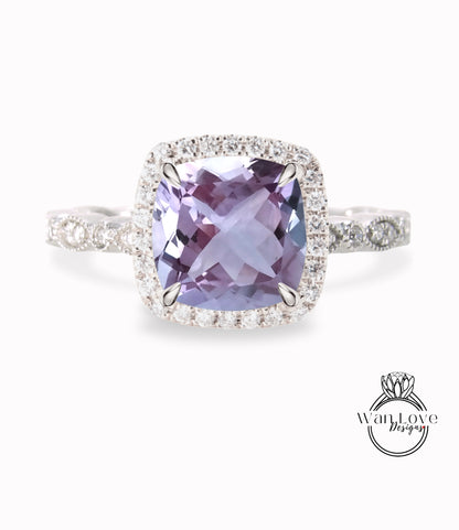 Anello di fidanzamento con ametista lavanda, anello con diamante Halo cuscino, anello con diamante di fidanzamento con ametista, fascia smerlata a foglia Milgrain